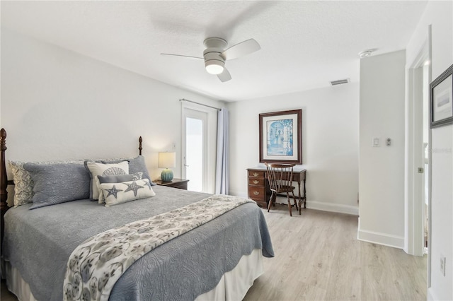2233 Donato Dr, Belleair Beach, FL 33786 - bedroom with ceiling fan, baseboards, visible vents, and light wood-style floors