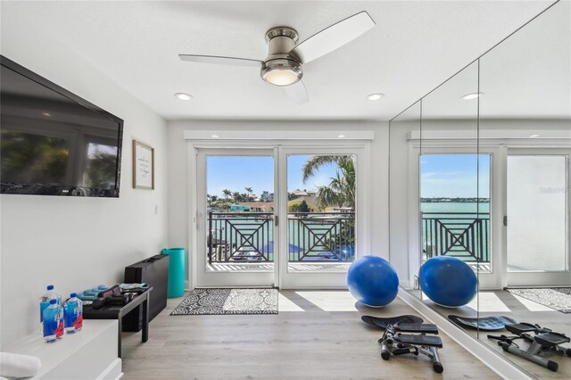 2233 Donato Dr, Belleair Beach, FL 33786 - exercise room featuring a ceiling fan, recessed lighting, and wood finished floors
