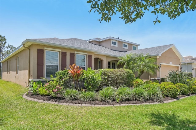 view of home's exterior with stucco siding, a lawn, and an attached garage