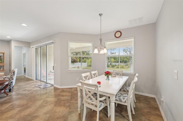 dining room featuring visible vents, baseboards, an inviting chandelier, recessed lighting, and tile patterned floors