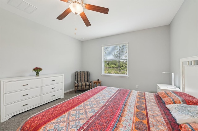 bedroom featuring visible vents, ceiling fan, and carpet floors