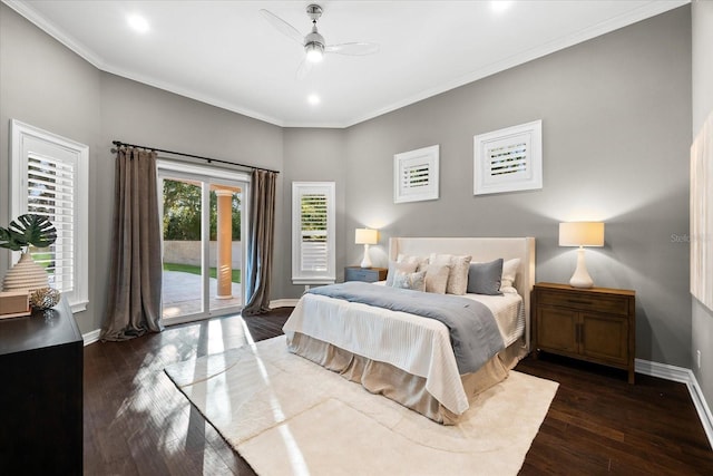 1600 Magnolia Rd, Belleair, FL 33756 - bedroom featuring access to exterior, baseboards, crown molding, hardwood / wood-style floors, and recessed lighting