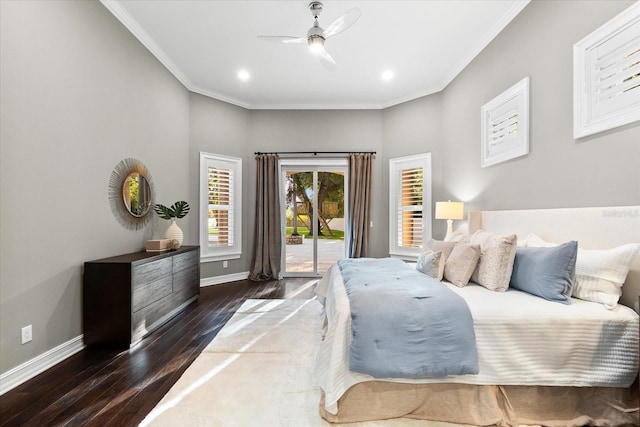 1600 Magnolia Rd, Belleair, FL 33756 - bedroom with access to outside, baseboards, wood-type flooring, crown molding, and recessed lighting