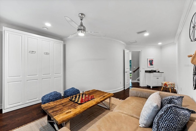 1600 Magnolia Rd, Belleair, FL 33756 - living area featuring ornamental molding, dark wood-style flooring, recessed lighting, a ceiling fan, and stairway