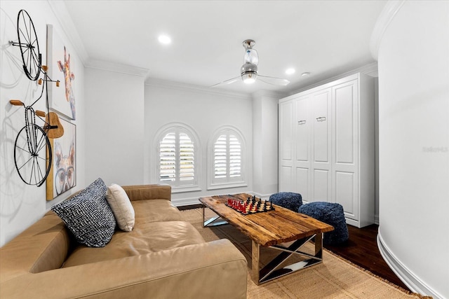 1600 Magnolia Rd, Belleair, FL 33756 - living room featuring wood finished floors, crown molding, recessed lighting, baseboards, and a ceiling fan