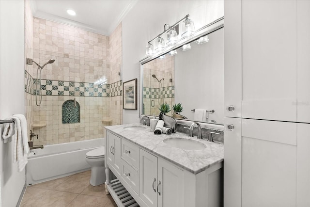 1600 Magnolia Rd, Belleair, FL 33756 - bathroom with toilet, double vanity, shower / bath combination, tile patterned floors, and ornamental molding