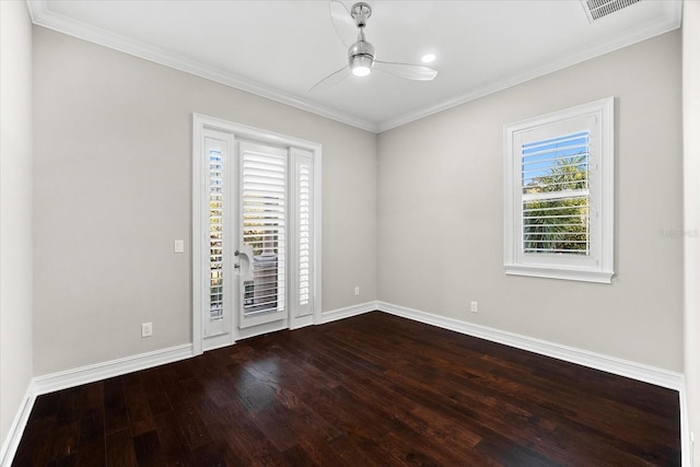 1600 Magnolia Rd, Belleair, FL 33756 - empty room featuring dark wood-style flooring, crown molding, baseboards, and ceiling fan