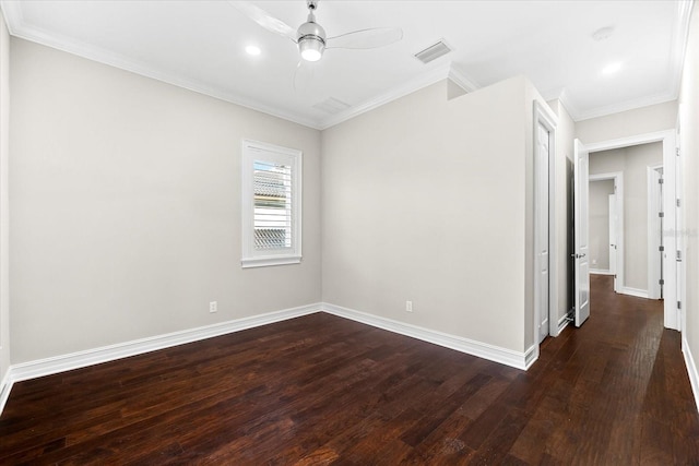 1600 Magnolia Rd, Belleair, FL 33756 - spare room with dark wood-style flooring, ceiling fan, baseboards, and ornamental molding