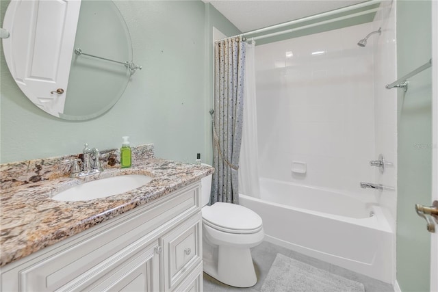 full bathroom featuring shower / bathtub combination with curtain, toilet, tile patterned flooring, and vanity