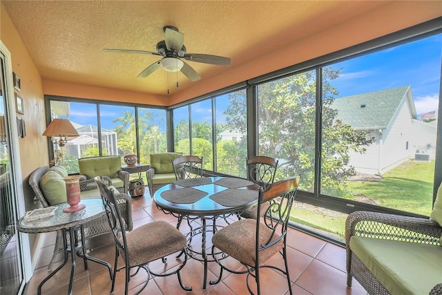 sunroom with a ceiling fan, an outdoor hangout area, and plenty of natural light