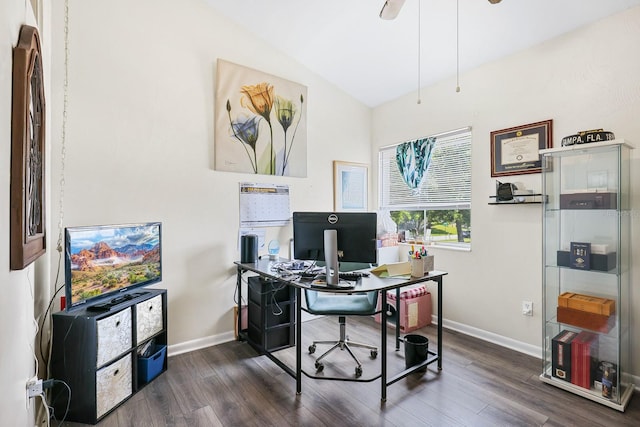 4306 La Mora Ct, Tampa, FL 33611 - office area with dark wood-style floors, a ceiling fan, vaulted ceiling, and baseboards