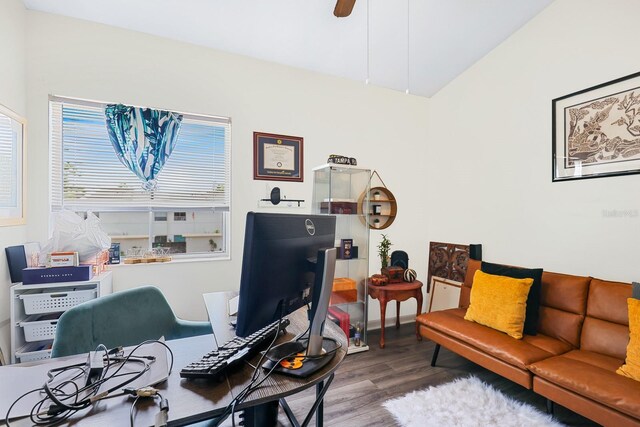 4306 La Mora Ct, Tampa, FL 33611 - living area with ceiling fan, vaulted ceiling, and wood finished floors