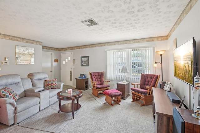 carpeted living room with a textured ceiling and visible vents