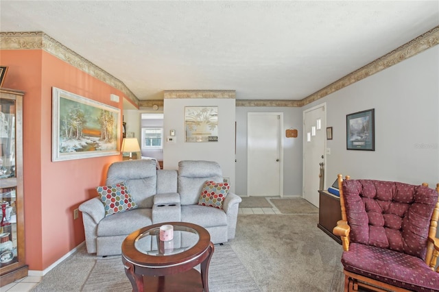 living area with light colored carpet