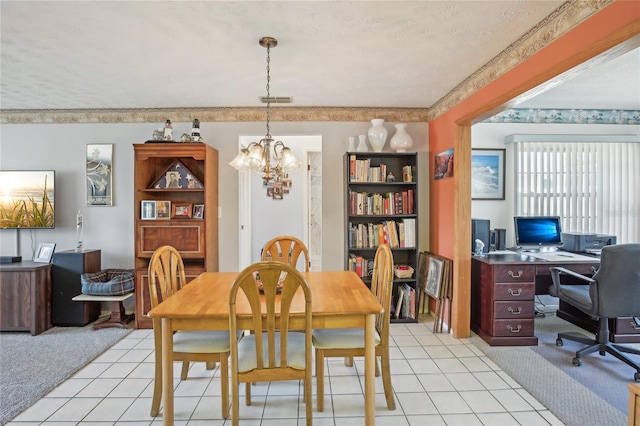 dining room with light tile patterned flooring, a chandelier, visible vents, and light carpet