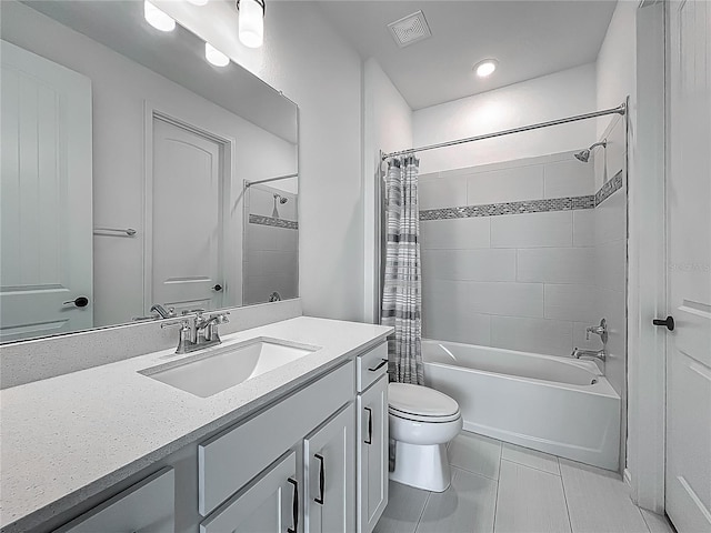 17683 Ramble On Way, Land O Lakes, FL 34638 - bathroom with shower / bath combination with curtain, visible vents, tile patterned flooring, vanity, and toilet