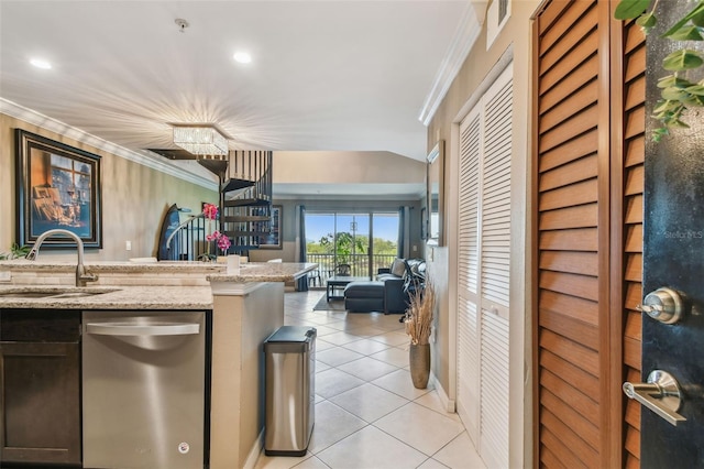 2400 Feather Sound Dr Unit 735, Clearwater, FL 33762 - kitchen featuring crown molding, dishwasher, a sink, light tile patterned floors, and light stone counters