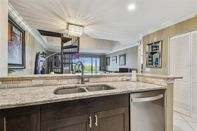 2400 Feather Sound Dr Unit 735, Clearwater, FL 33762 - kitchen with crown molding, dark brown cabinets, light stone countertops, a sink, and dishwasher