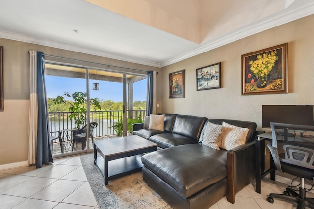 2400 Feather Sound Dr Unit 735, Clearwater, FL 33762 - living room with light tile patterned floors, baseboards, and crown molding