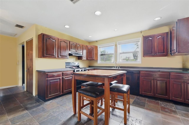 4100 1st Ave S, Saint Petersburg, FL 33711 - kitchen with stone tile flooring, reddish brown cabinets, under cabinet range hood, dishwasher, and recessed lighting