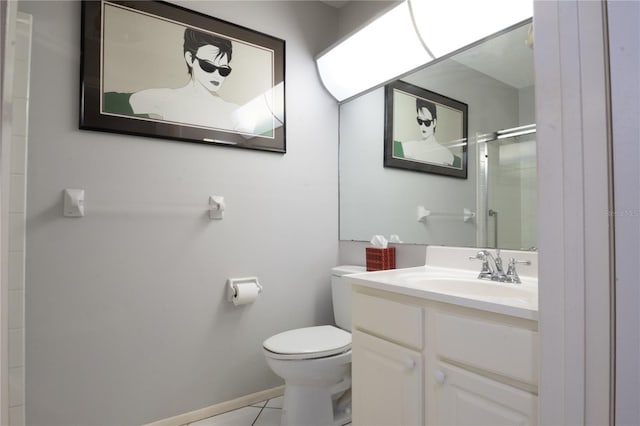 full bath with toilet, vanity, an enclosed shower, and tile patterned floors