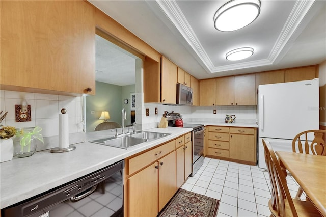 kitchen with stainless steel appliances, light countertops, a tray ceiling, and a sink