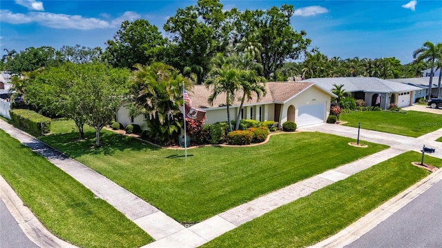 single story home with concrete driveway, a front lawn, an attached garage, and stucco siding