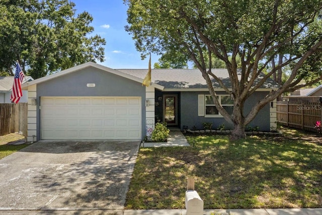 ranch-style home featuring fence, stucco siding, driveway, and a garage