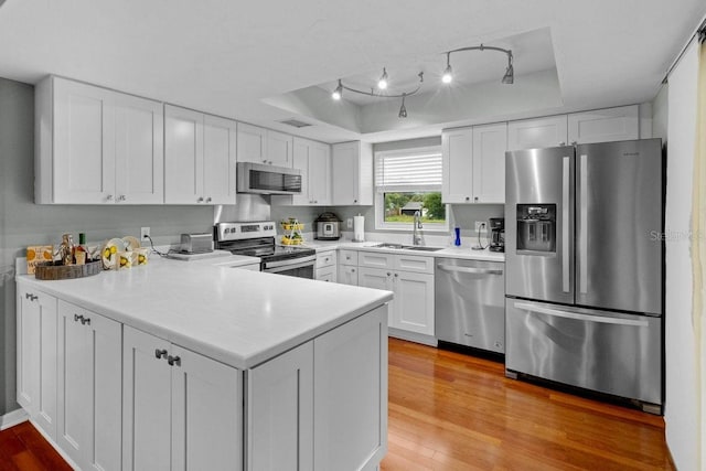 kitchen featuring a sink, a raised ceiling, white cabinets, a peninsula, and stainless steel appliances