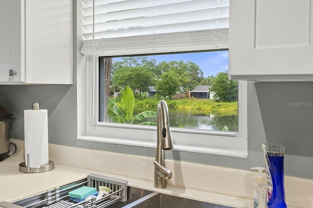 details featuring light countertops and white cabinetry