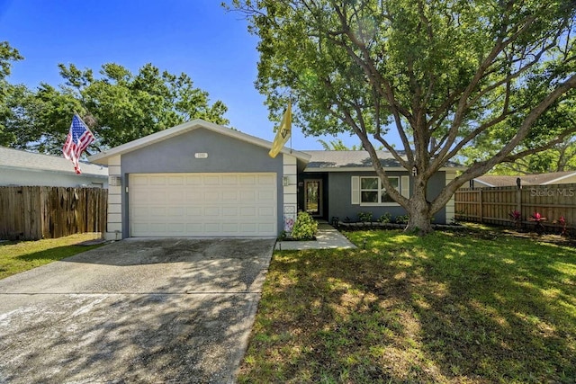 ranch-style home featuring an attached garage, fence, stucco siding, and concrete driveway
