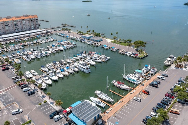 bird's eye view with a water view