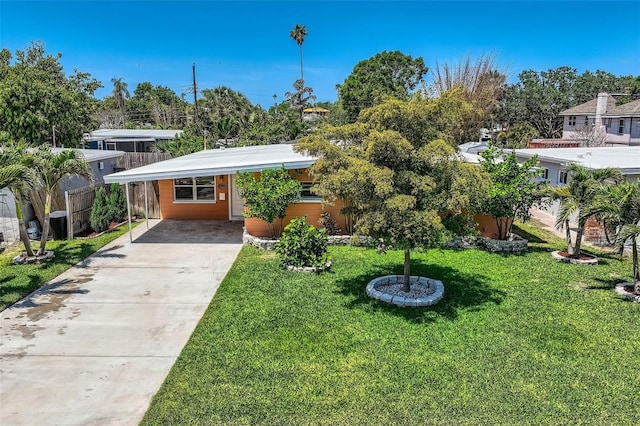 view of front facade with concrete driveway, an attached carport, and a front yard