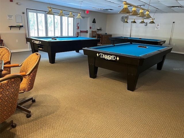 recreation room featuring baseboards, carpet floors, and billiards