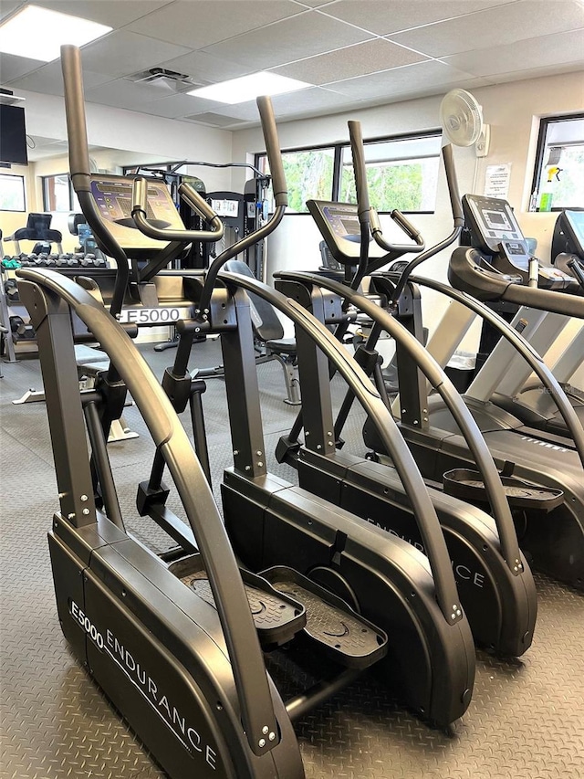 exercise room featuring carpet, visible vents, and a drop ceiling