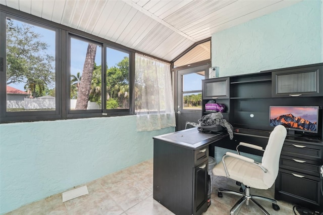 1515 12th Ct SE Unit 55, Largo, FL 33771 - office area featuring a textured wall, lofted ceiling, light tile patterned flooring, and wooden ceiling