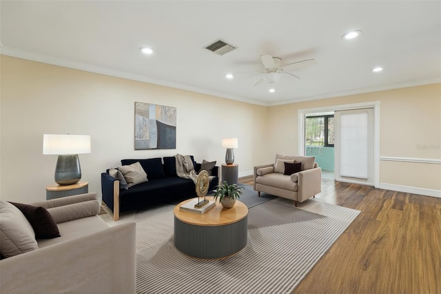 1515 12th Ct SE Unit 55, Largo, FL 33771 - living area featuring recessed lighting, ornamental molding, wood finished floors, and ceiling fan
