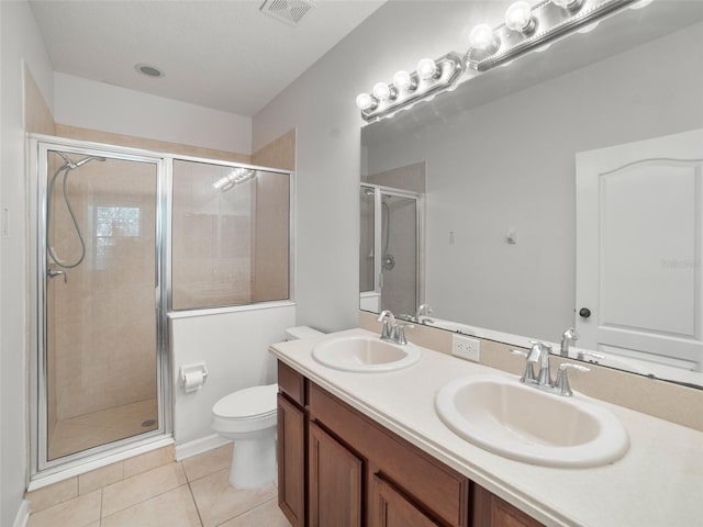 bathroom featuring visible vents, a sink, a stall shower, and toilet