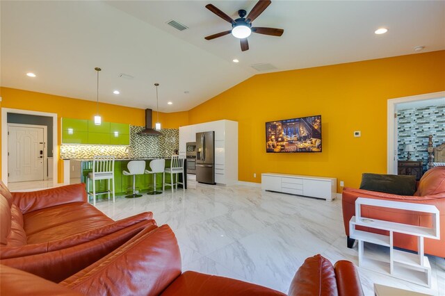 living room with recessed lighting, marble finish floor, visible vents, a ceiling fan, and lofted ceiling