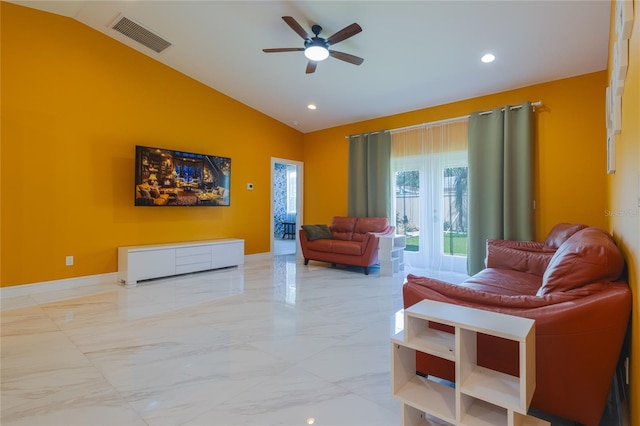 living room with recessed lighting, marble finish floor, visible vents, a ceiling fan, and lofted ceiling