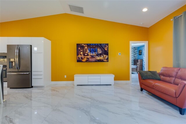 living room with baseboards, visible vents, high vaulted ceiling, and marble finish floor