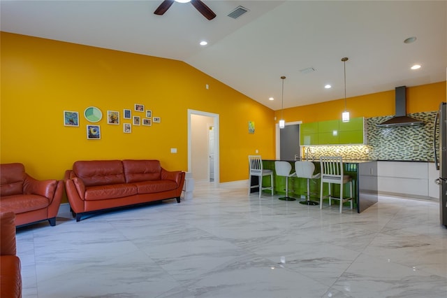 living room featuring visible vents, ceiling fan, high vaulted ceiling, and marble finish floor