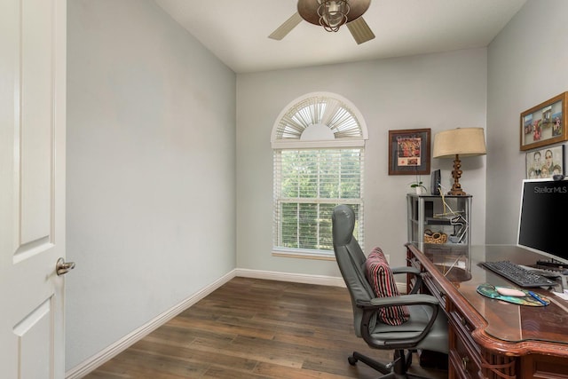 office featuring wood finished floors, ceiling fan, and baseboards