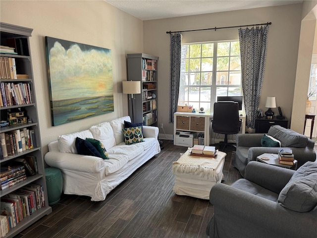 living area featuring dark wood-type flooring