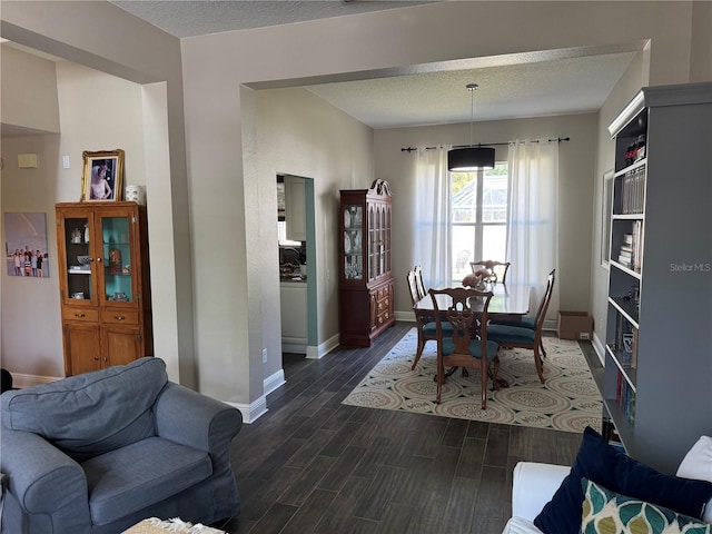 dining room featuring baseboards, a textured ceiling, and dark wood-type flooring