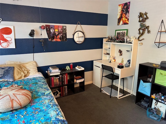 bedroom with dark carpet