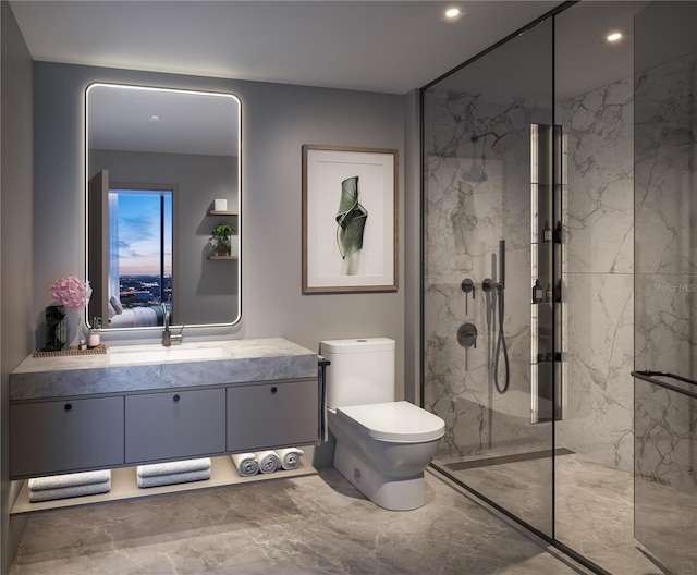 bathroom with recessed lighting, marble finish floor, toilet, vanity, and a marble finish shower