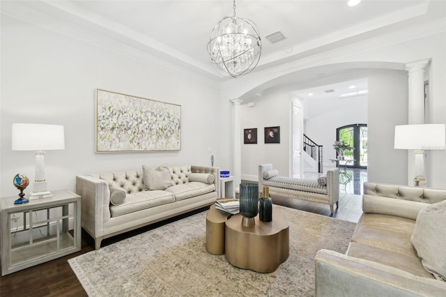 2604 S Bryant Cir, Tampa, FL 33629 - living area with arched walkways, ornate columns, dark wood-type flooring, stairway, and recessed lighting