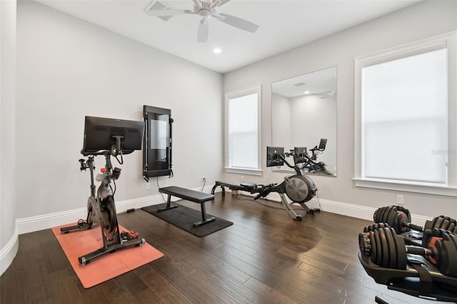 2604 S Bryant Cir, Tampa, FL 33629 - exercise room featuring ceiling fan, baseboards, recessed lighting, and wood finished floors
