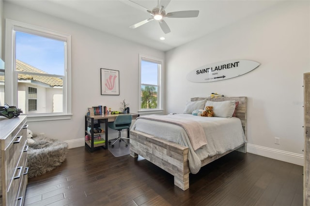 2604 S Bryant Cir, Tampa, FL 33629 - bedroom with baseboards, dark wood-style floors, recessed lighting, and a ceiling fan